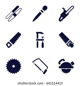 Saw icons set. set of 9 saw filled icons such as nail sawing, sawing, saw