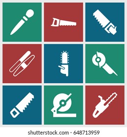Saw icons set. set of 9 saw filled icons such as nail sawing, sawing