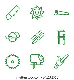 Saw icons set. set of 9 saw outline icons such as sawing