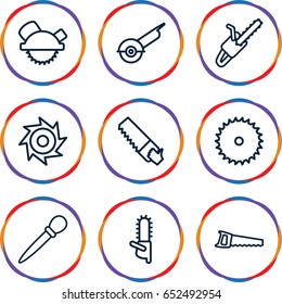 Saw icons set. set of 9 saw outline icons such as nail sawing