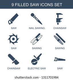 saw icons. Trendy 9 saw icons. Contain icons such as nail sawing, chainsaw, sawing, electric saw. saw icon for web and mobile.