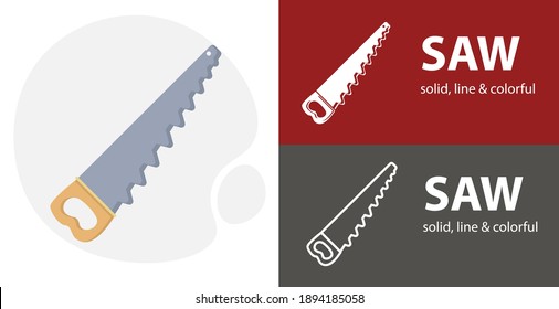 saw isolated tool flat icon with saw solid, line icons