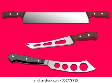 Saw and knives for cheese, vector illustration, isolated on red