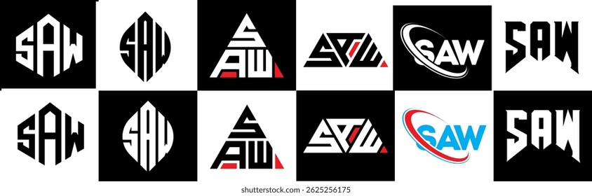 SAW letter logo design in six style. SAW polygon, circle, triangle, hexagon, flat and simple style with black and white color variation letter logo set in one artboard. SAW minimalist and classic logo