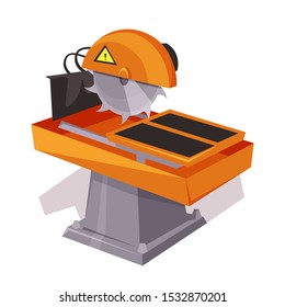 Saw machine flat vector illustration. Metal cutting equipment isolated clipart on white background. Metalworking tool with circular saw blade. Industrial machinery. Automotive electric sharp drill