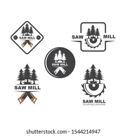 saw and pines tree logo icon vector illustration design