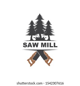 saw and pines tree  vector icon of saw mill design