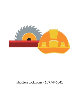 saw and safety helmet icon over white background, vector illustration