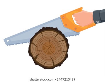 Sierra tronco de árbol de sierra. Carpintero Serrando Madera. Corte en madera, sección transversal del árbol o tocón. Carpintería. Tronco de madera y sierra de mano. Ilustración vectorial plana de dibujos animados