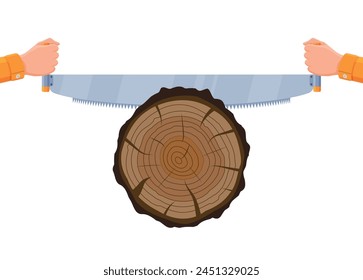 Saw Sawing Tree Trunk. Carpenter Sawing Wood. Wood Cut, Cross Section of Tree or Stump. Carpentry Work. Wooden Log and Hand Saw. Cartoon Flat Vector Illustration