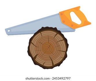 Saw Sawing Tree Trunk. Carpenter Sawing Wood. Wood Cut, Cross Section of Tree or Stump. Carpentry Work. Wooden Log and Hand Saw. Cartoon Flat Vector Illustration