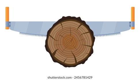 Sierra tronco de árbol de sierra. Carpintero Serrando Madera. Corte en madera, sección transversal del árbol o tocón. Carpintería. Tronco de madera y sierra de mano. Ilustración vectorial plana de dibujos animados