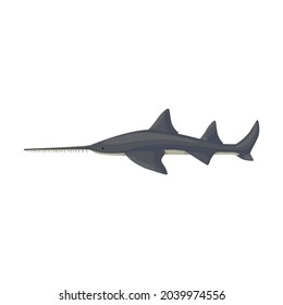 Saw shark isolated on white background. Cartoon character of ocean for children. Simple print with marine mammal. Design for any purposes. Vector illustration.