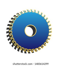 Saw sign. Blue icon with gold contour with dark gray shadow at white background. Illustration.