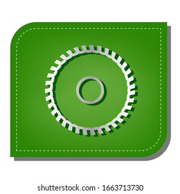 Saw sign. Silver gradient line icon with dark green shadow at ecological patched green leaf. Illustration.