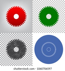 Saw sign. Vector. 4 styles. Red gradient in radial lighted background, green flat and gray scribble icons on transparent and linear one in blue circle.
