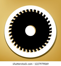 Saw sign. Vector. Black icon with light brown shadow in white circle with shaped ring at golden background.