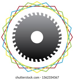 Saw sign. Vector. Black icon with patch of light inside colorful hexagonal frames at white background.