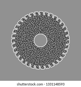 Saw sign. Vector. Black maze filled icon with white border at gray background.