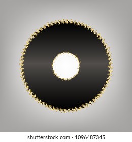 Saw sign. Vector. Blackish icon with golden stars at grayish background.