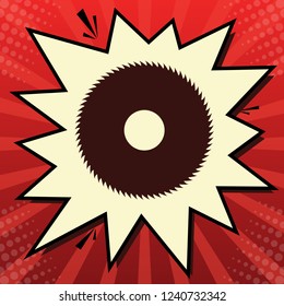 Saw sign. Vector. Dark red icon in lemon chiffon shutter bubble at red popart background with rays.