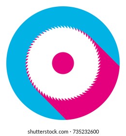 Saw sign. Vector. Flat white icon with mexican pink shadow inside sky blue(S and G) circle at white background. Isolated. Trend colors in 2017.