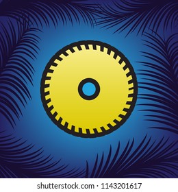 Saw sign. Vector. Golden icon with black contour at blue background with branches of palm trees.