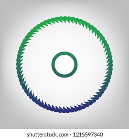 Saw sign. Vector. Green to blue gradient contour icon at grayish background with light in center.