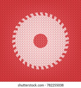 Saw sign. Vector. Knitted white icon on a red knitted background.