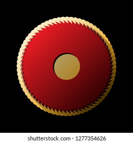 Saw sign. Vector. Red icon with small black and limitless shadows at golden sticker on black background.