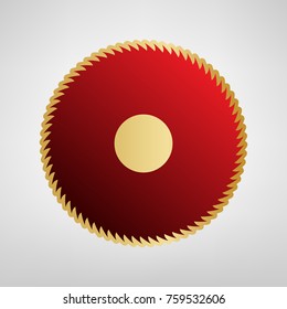 Saw sign. Vector. Red icon on gold sticker at light gray background.