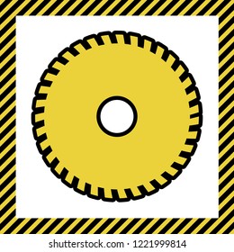 Saw sign. Vector. Warm yellow icon with black contour in frame named as under construction at white background. Isolated.