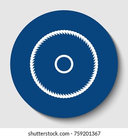 Saw sign. Vector. White contour icon in dark cerulean circle at white background. Isolated.