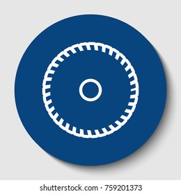 Saw sign. Vector. White contour icon in dark cerulean circle at white background. Isolated.