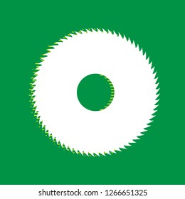 Saw sign. Vector. White flat icon with yellow striped shadow at green background.