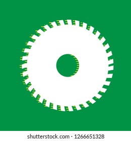 Saw sign. Vector. White flat icon with yellow striped shadow at green background.