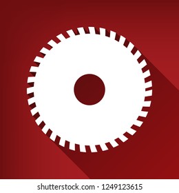 Saw sign. Vector. White icon with limitless shadow at ruby red background.