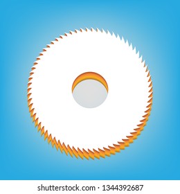 Saw sign. Vector. White icon with 3d warm-colored gradient body at sky blue background.