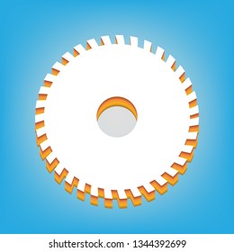 Saw sign. Vector. White icon with 3d warm-colored gradient body at sky blue background.