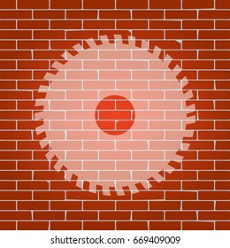 Saw sign. Vector. Whitish icon on brick wall as background.