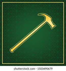 Saw simple Icon. Golden icon with gold contour at dark green gridded  background. Illustration.
