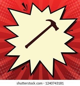 Saw simple Icon. Vector. Dark red icon in lemon chiffon shutter bubble at red popart background with rays.