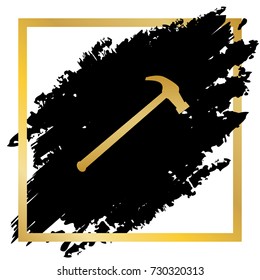 Saw simple Icon. Vector. Golden icon at black spot inside golden frame on white background.