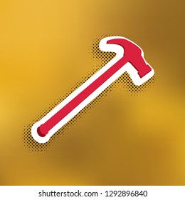 Saw simple Icon. Vector. Magenta icon with darker shadow, white sticker and black popart shadow on golden background.
