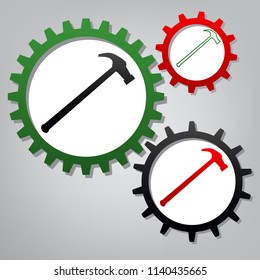 Saw simple Icon. Vector. Three connected gears with icons at grayish background.