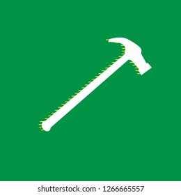 Saw simple Icon. Vector. White flat icon with yellow striped shadow at green background.