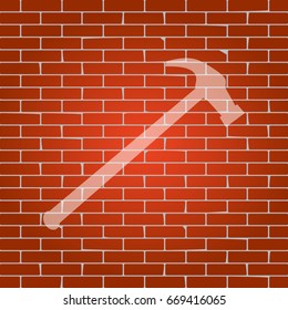 Saw simple Icon. Vector. Whitish icon on brick wall as background.
