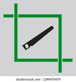 Saw simple sign. Black icon inside green crop tool at light gray background