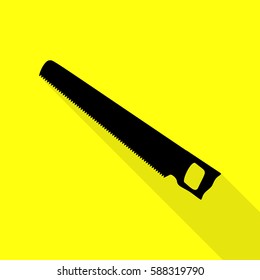 Saw simple sign. Black icon with flat style shadow path on yellow background.
