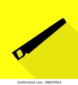Saw simple sign. Black icon with flat style shadow path on yellow background.